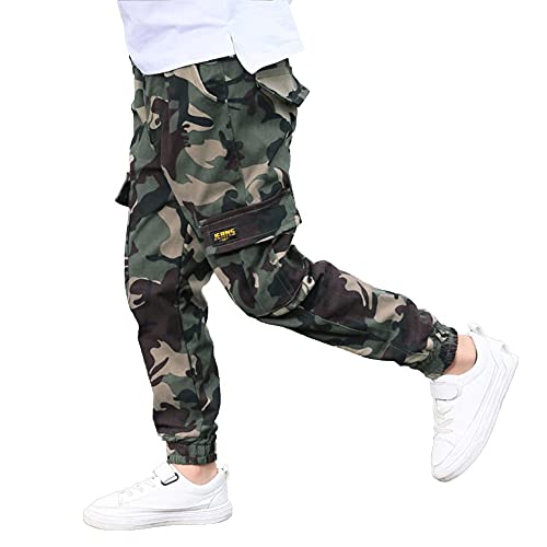 Rolanko Boys Cargo Trousers Elasticated Waist Outdoor Pants with Multi Pockets for Kids Fit, Camouflage, Tag Size: 150