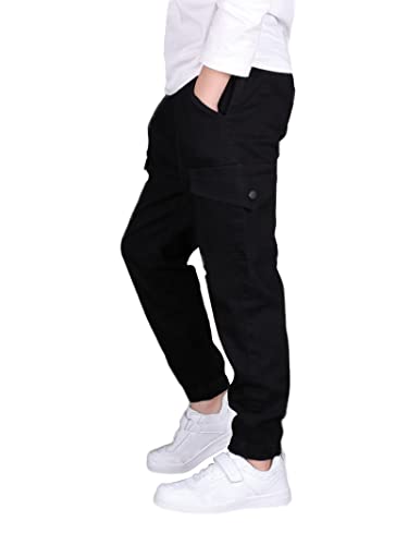 CAMLAKEE Boys Trousers Cargo Pants Kids School Jogging Bottoms Casual Streewear with Elastic Cuffs Black UK:13-14 Years (manufacturers's Size: 170)