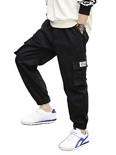 NATUST Boys Cargo Trousers Kids Elastic Waist Joggers Multi Pockets Casual Pants Black 13-14 Years