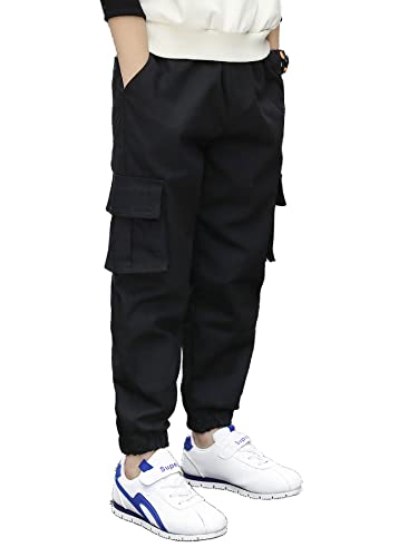 NATUST Boys Cargo Trousers Kids Elastic Waist Joggers Multi Pockets Casual Pants Black 13-14 Years