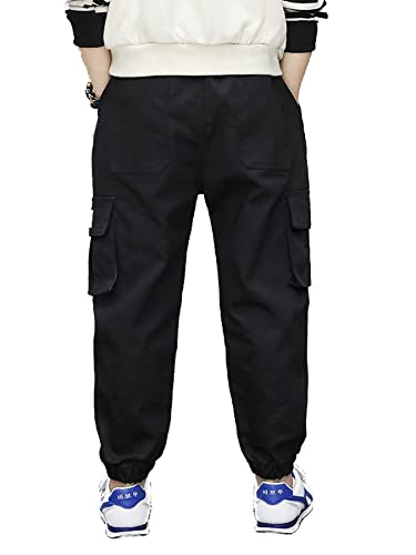 NATUST Boys Cargo Trousers Kids Elastic Waist Joggers Multi Pockets Casual Pants Black 13-14 Years