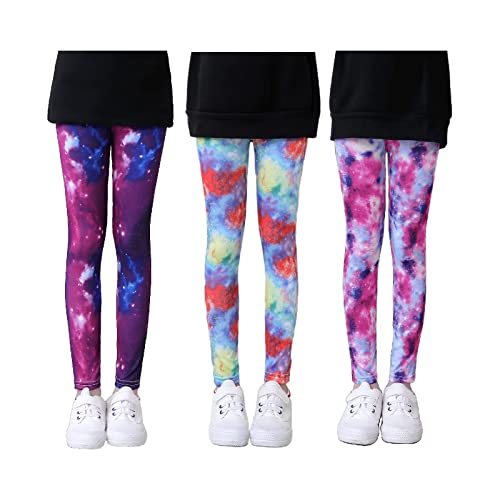 Gavena 3 Pack Girls Leggings Toddler Full Length Tights Kids Cotton Stretchy Pant Trouser (Colourful,7-8 Years)