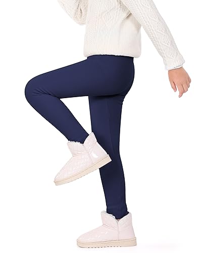 Auranso Girls Fleece Lined Thermal Leggings Cotton Winter Warm Thick Trousers Tights for Kids Navy, 11-13 Years