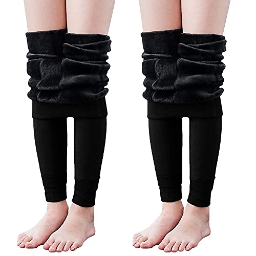 Girls Fleece Lined Leggings Cotton Thermal Trousers Winter Stretch High Waist Children Daily School Casual Solid Pants for Kids 3-12 Years - Pack of 2 Black