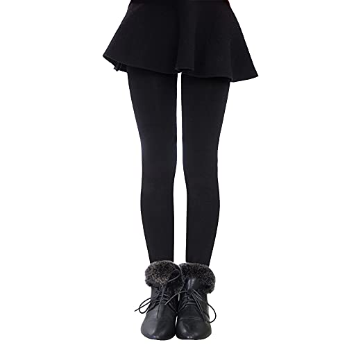 Girls Fleece Lined Leggings Cotton Thermal Trousers Winter Stretch High Waist Children Daily School Casual Solid Pants for Kids 3-12 Years - Pack of 2 Black