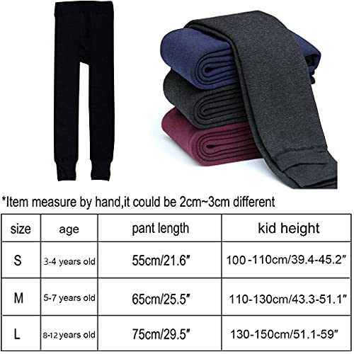 Girls Fleece Lined Leggings Cotton Thermal Trousers Winter Stretch High Waist Children Daily School Casual Solid Pants for Kids 3-12 Years - Pack of 2 Black