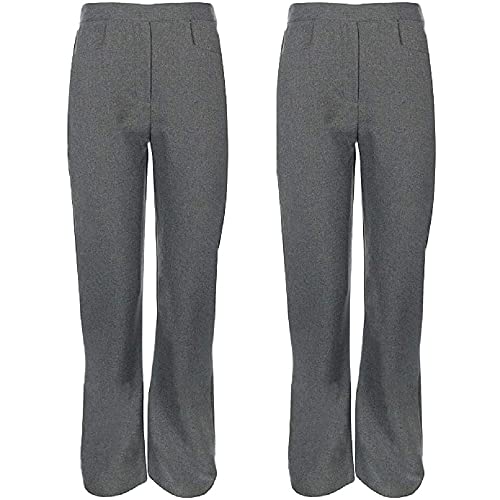 Style Spot Pack of 2 Girls Back to School Pull Up Half Elasticated Waist Trousers Stretch Waistband Casual Formal Uniform Plain Nursery Pants Bottom Legging Kids Children (Grey, 13 Years)