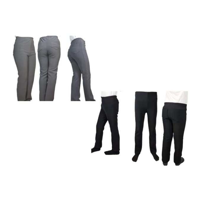 Girls 2Way Fine Stretch Ribbed Fabric Bootleg Style Pull Up School Trousers, Plain Elasticated Waist Comfortable Fit Trouser with 2 Back Pockets (5-6 Years, Grey)