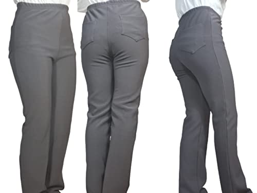 Girls 2Way Fine Stretch Ribbed Fabric Bootleg Style Pull Up School Trousers, Plain Elasticated Waist Comfortable Fit Trouser with 2 Back Pockets (5-6 Years, Grey)