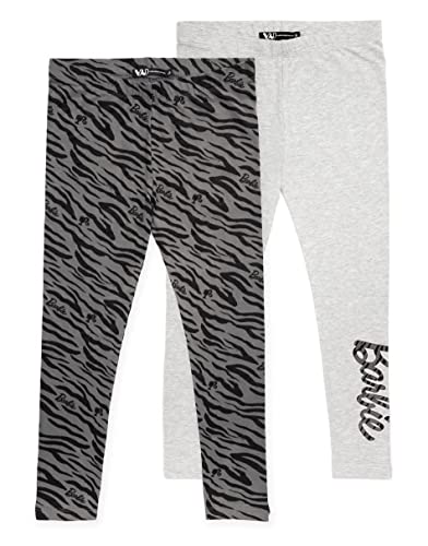 Barbie Leggings 2 Pack Girls | Kids Zebra Animal Print Black Grey Trousers with Elasticated Waist | Presents for Her 5-6 Years
