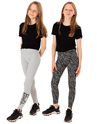 Barbie Leggings 2 Pack Girls | Kids Zebra Animal Print Black Grey Trousers with Elasticated Waist | Presents for Her 5-6 Years