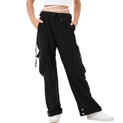 Rolanko Girls Baggy Cargo Trousers, Elastic High Rise Waist with Multi Pockets Wide Leg Cargos Pants for Kids, Black, Size: 170/13-15 Years
