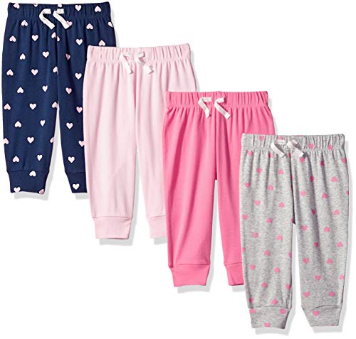 Amazon Essentials Baby Girls' Cotton Pull-On Trousers, Pack of 4, Grey Hearts/Light Pink/Navy/Pink, 24 Months