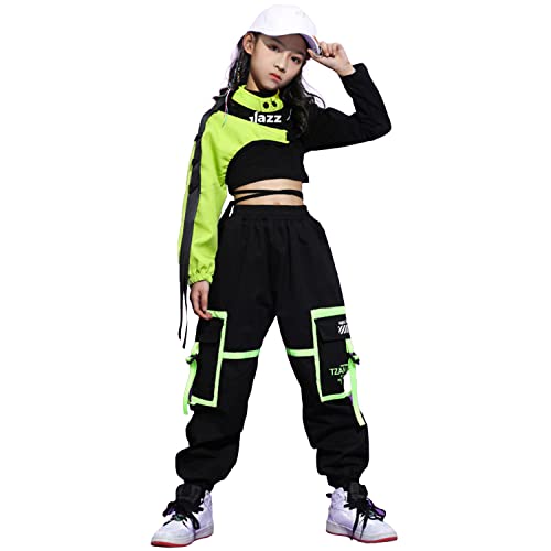 LOLANTA Girls Hip Hop Street Dance Outfit, Stylish Cargo Trousers Clothing Set,7-8 Years,Black
