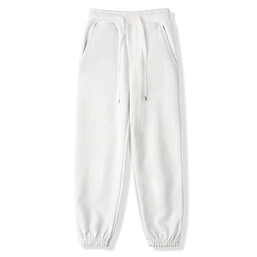 BINIDUCKLING Boys Girls Plain Joggers, Drawstring Tracksuit Bottoms Classic Elasticated Cuff Jogging Pants Kids Casual School Trousers for PE Sports and Games (White,160/10-12Years)