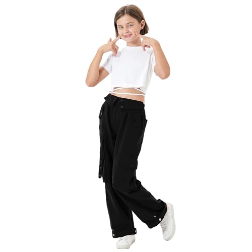 Rolanko Girls Baggy Cargo Trousers, Elastic High Rise Waist with Multi Pockets Wide Leg Cargos Pants for Kids, Black, Size: 170/13-15 Years
