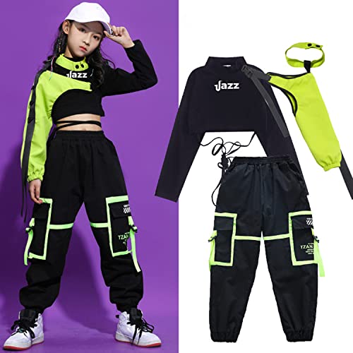 LOLANTA Girls Hip Hop Street Dance Outfit, Stylish Cargo Trousers Clothing Set,7-8 Years,Black