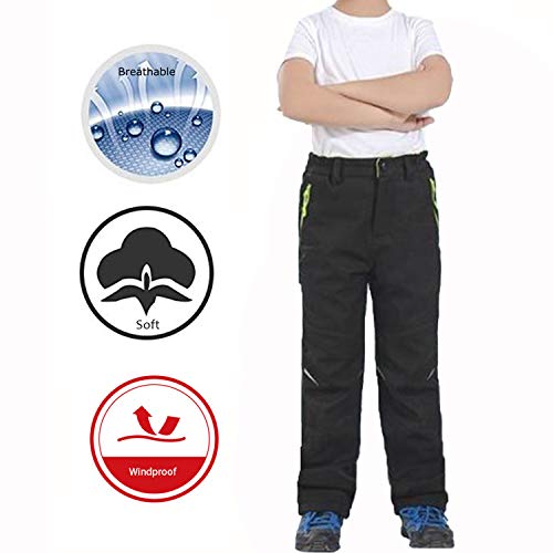 LANBAOSI Kids Winter Softshell Trousers Boys Girls Fleece Lined Waterproof Walking Hiking Trousers Zipper Pockets, Black, 12