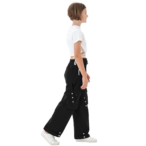 Rolanko Girls Baggy Cargo Trousers, Elastic High Rise Waist with Multi Pockets Wide Leg Cargos Pants for Kids, Black, Size: 170/13-15 Years