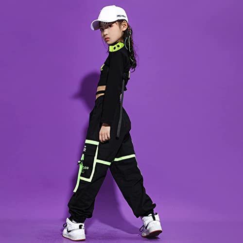 LOLANTA Girls Hip Hop Street Dance Outfit, Stylish Cargo Trousers Clothing Set,7-8 Years,Black