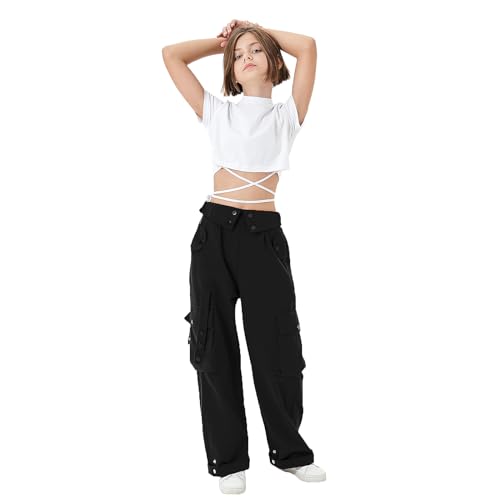 Rolanko Girls Baggy Cargo Trousers, Elastic High Rise Waist with Multi Pockets Wide Leg Cargos Pants for Kids, Black, Size: 170/13-15 Years