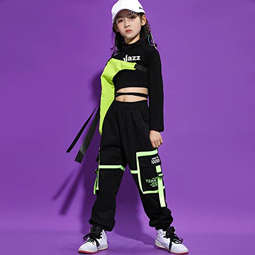 LOLANTA Girls Hip Hop Street Dance Outfit, Stylish Cargo Trousers Clothing Set,7-8 Years,Black
