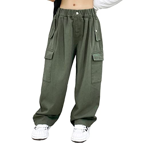 CHICTRY Kids Girls Outdoor Cargo Pants Street Hip Hop Dance Trousers Athletic Hiking Sports Workout Joggers Sweatpants Army Green 9-10 Years