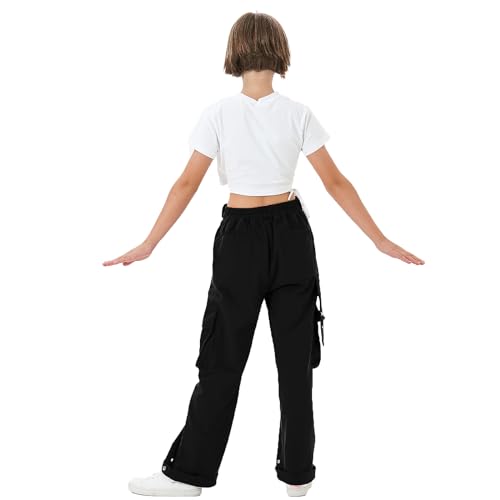 Rolanko Girls Baggy Cargo Trousers, Elastic High Rise Waist with Multi Pockets Wide Leg Cargos Pants for Kids, Black, Size: 170/13-15 Years