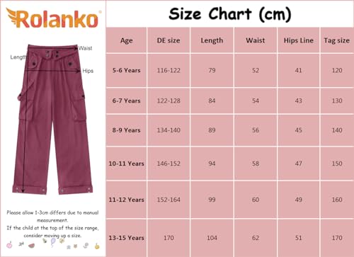 Rolanko Girls Baggy Cargo Trousers, Elastic High Rise Waist with Multi Pockets Wide Leg Cargos Pants for Kids, Black, Size: 170/13-15 Years