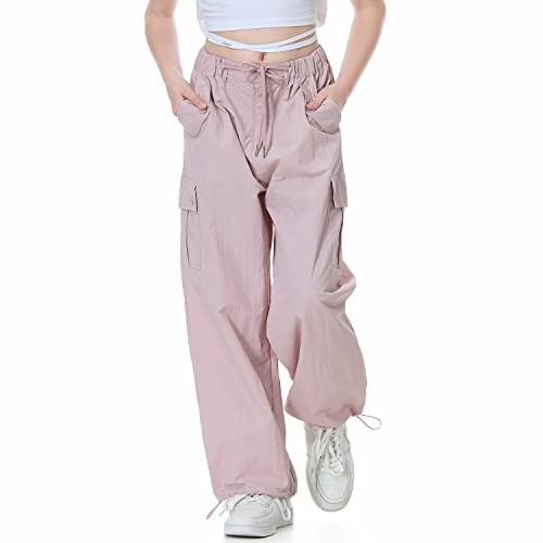 Rolanko Girls Baggy Cargo Parachute Trousers, Y2K Vintage Joggers with Adjustable Elastic Waist for Kids Fit, Pink, Tag Size: 170