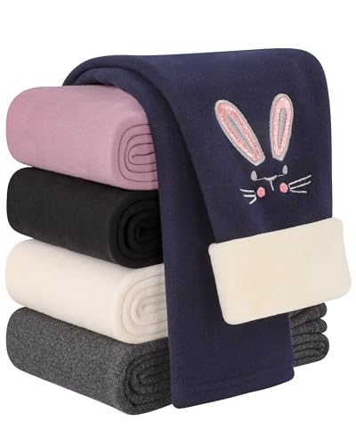 Auranso Girls Fleece Lined Thermal Sherpa-Lined Leggings Cotton Kids Winter Thick Warm Cartoon Bunny Embroidery Trousers Navy, 4-5 Years