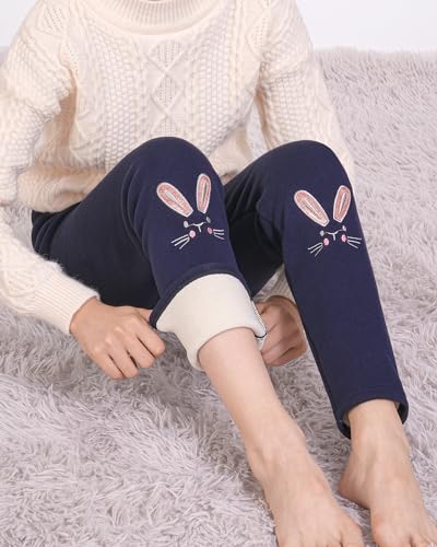 Auranso Girls Fleece Lined Thermal Sherpa-Lined Leggings Cotton Kids Winter Thick Warm Cartoon Bunny Embroidery Trousers Navy, 4-5 Years