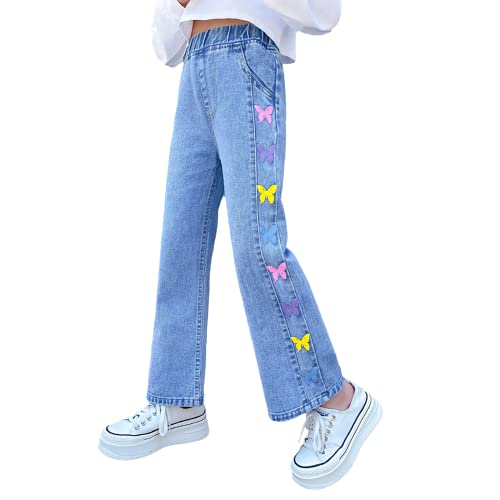 Rolanko Girls Jeans Bootcut Ripped Elasticated Waist Retro Style Denim Pants for Kids Fit, Blue Color Fly, Size: 130