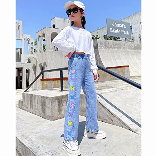 Rolanko Girls Jeans Bootcut Ripped Elasticated Waist Retro Style Denim Pants for Kids Fit, Blue Color Fly, Size: 130