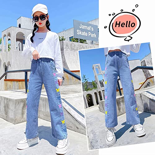 Rolanko Girls Jeans Bootcut Ripped Elasticated Waist Retro Style Denim Pants for Kids Fit, Blue Color Fly, Size: 130