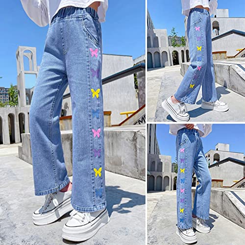 Rolanko Girls Jeans Bootcut Ripped Elasticated Waist Retro Style Denim Pants for Kids Fit, Blue Color Fly, Size: 130