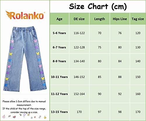 Rolanko Girls Jeans Bootcut Ripped Elasticated Waist Retro Style Denim Pants for Kids Fit, Blue Color Fly, Size: 130