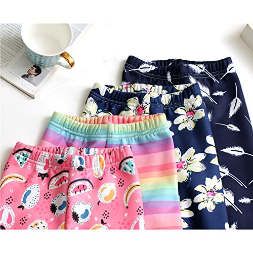 Girls Fleece Lined Leggings Set Thick Thermal Trousers Cotton Colourful Girls Winter Warm Pants Floral Printed Tights