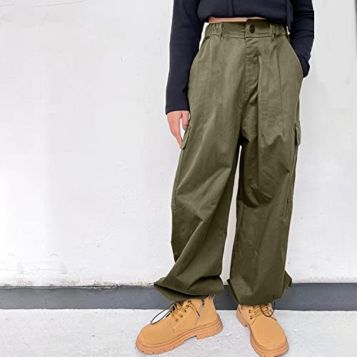 Rolanko Girls Cargo Trousers, Elasticated Waist Cotton Baggy Pants with Multi Pockets for 6-15 Years Kids, Green, Size: 150