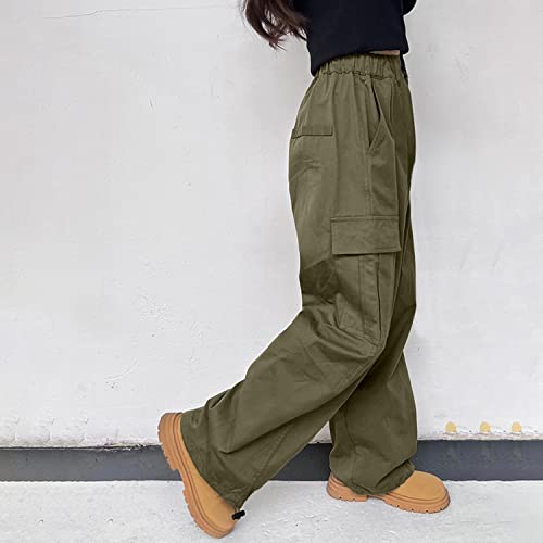 Rolanko Girls Cargo Trousers, Elasticated Waist Cotton Baggy Pants with Multi Pockets for 6-15 Years Kids, Green, Size: 150
