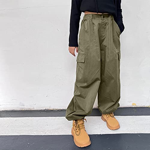 Rolanko Girls Cargo Trousers, Elasticated Waist Cotton Baggy Pants with Multi Pockets for 6-15 Years Kids, Green, Size: 150