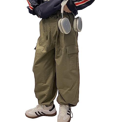 Rolanko Girls Cargo Trousers, Elasticated Waist Cotton Baggy Pants with Multi Pockets for 6-15 Years Kids, Green, Size: 150