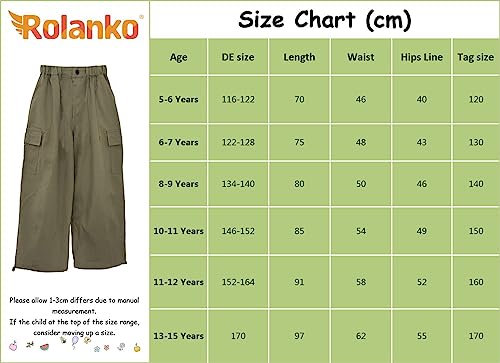 Rolanko Girls Cargo Trousers, Elasticated Waist Cotton Baggy Pants with Multi Pockets for 6-15 Years Kids, Green, Size: 150