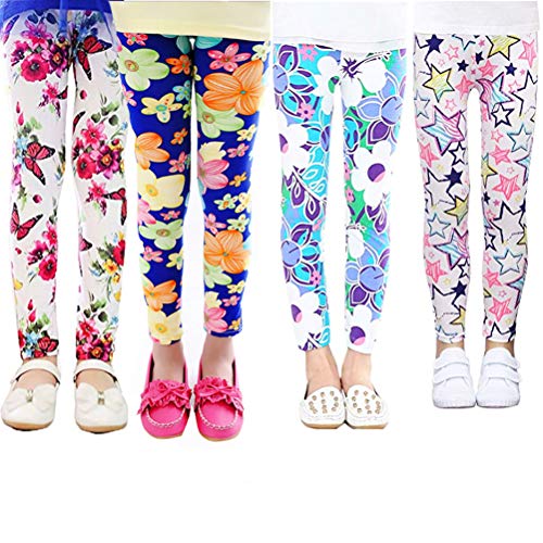 4 Pack Kids Girls Pants Floral Pattern Stretch Leggings, A01, 5 Years