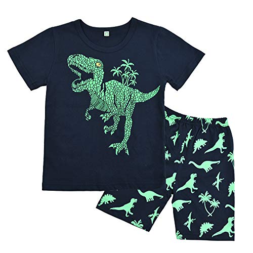 Boys Pyjamas Set Dinosaur Print Kids Pjs Pajama Short Sleeve Cotton Sleepwear Tops Shirts & Pants Nightwear Children Outfit, Deep Blue 02, 5-6 Years