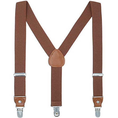 AWAYTR Suspenders for Kids Children Braces - Elasticated Adjustable Y shap Brown Leather 3 Clips on Suspender(Coffee)