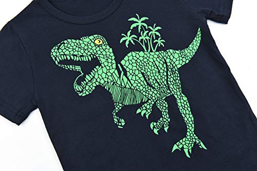 Boys Pyjamas Set Dinosaur Print Kids Pjs Pajama Short Sleeve Cotton Sleepwear Tops Shirts & Pants Nightwear Children Outfit, Deep Blue 02, 5-6 Years