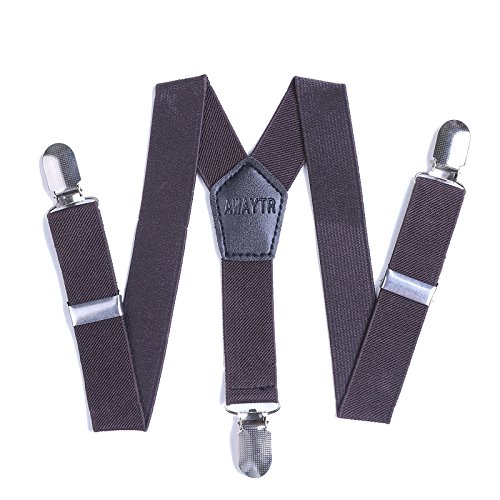 AWAYTR Suspenders for Kids Children Braces - Elasticated Adjustable Y shap Brown Leather 3 Clips on Suspender(Coffee)