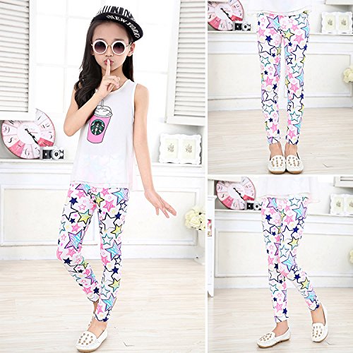 4 Pack Kids Girls Pants Floral Pattern Stretch Leggings, A01, 5 Years