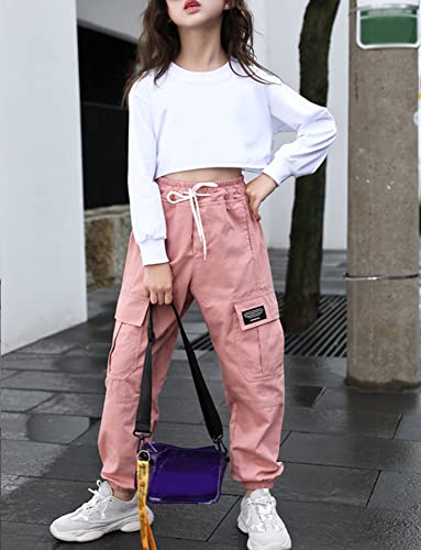 SEAUR - Girl Cargo Pants Girls Hip Hop Trousers Kids Cargo Trousers Loose Casual Streetwear Pants Pink